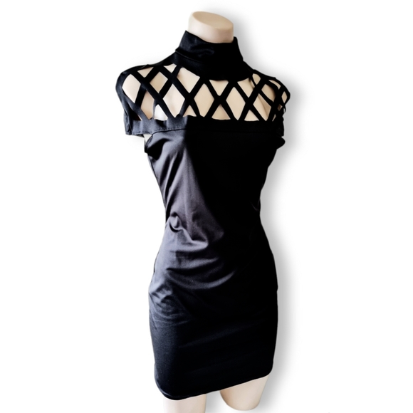 Black, high neck, choker neck + cut out short/mini dress fits AU 6 8 10 12 - Picture 4 of 7